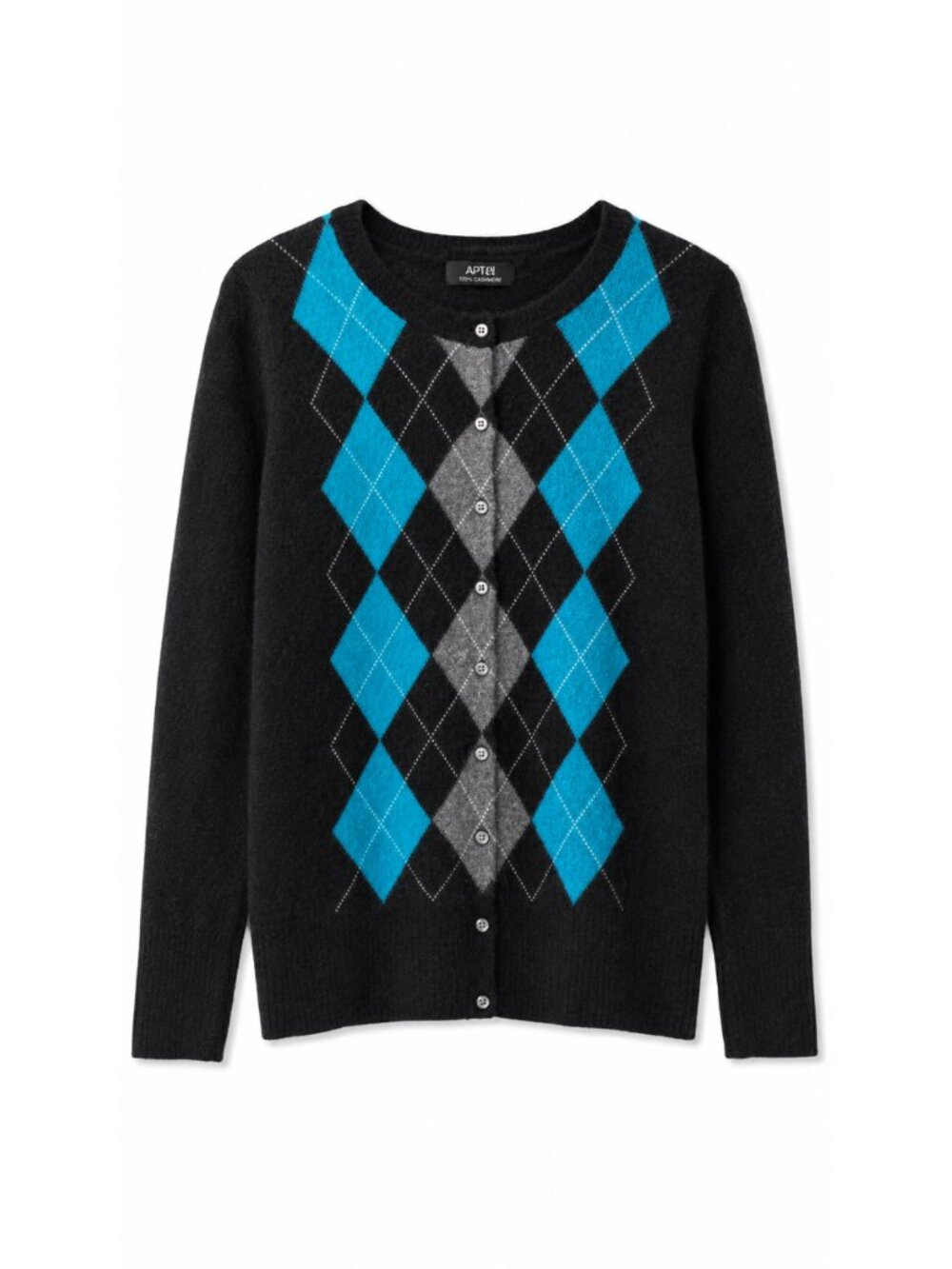 Apt. 9 100% Cashmere Argyle Cardigan Sweater, Black Turquoise Gray, Size L
